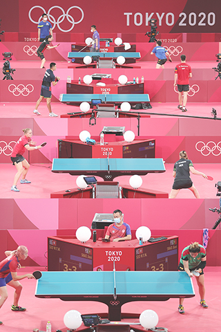 ◎ 東奧乒球訓練場昨日熱火朝天。(新華社)