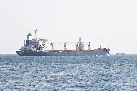 　◎ 8月3日，從烏克蘭敖德薩港出發的首艘運糧船「拉佐尼」號經過位於土耳其伊斯坦布爾的博斯普魯斯海峽。(新華社)