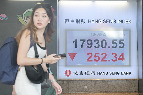 　◎ 九月十八日，香港恒生指數收市報一七九三０點五五，下跌二五二點三四，跌幅為百分之一點三九，全日成交金額為八百四十五億六百萬港元。（中新社記者　陳永諾　攝）
