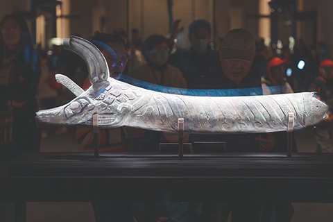 ◎ 一月廿六日拍攝的青銅豬鼻龍形器側面,前部為龍頭,鼻子呈中空的長方形,雙眼突出,尖耳向前彎曲,圓筒狀腰身,造型奇特。