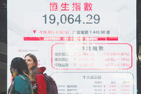 ◎ 一月十日,截至收盤,香港恒生指數跌一七六·六0點,跌幅百分之零點九二,報一九0六四·二九點,主板全天成交一千四百四十六億九千八百萬港元。(香港中通社記者 許其皓 攝)