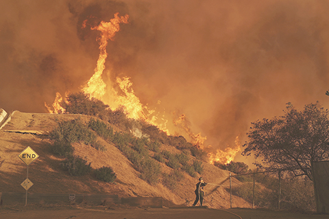 ◎ 一月十一日,一名消防員在洛杉磯曼德維爾峽谷撲滅帕利塞茲大火。(美聯社照片/JaeC.Hong)