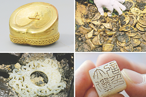 ◎ 這是一張拼版照片。左上圖:海昏侯墓出土的馬蹄金(二0一五年十一月廿四日攝);右上圖:海昏侯墓主棺出土的金餅、馬蹄金、麟趾金和金板(二0一五年十二月廿四日攝);左下圖:海昏侯墓出土的玉佩(二0一五年十一月十八日攝);右下圖:海昏侯墓出土的玉印(二0一五年十二月十三日攝)。(新華社記者萬象 攝)