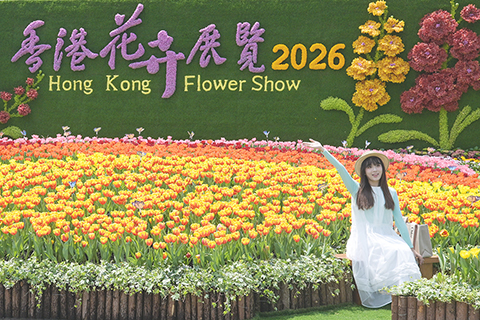 ◎ 三月十九日,香港特區政府康樂及文化事務署舉行二0二六年香港花卉展覽傳媒預覽活動。圖為一名女士與花卉合影。( 中新社記者 陳永諾 攝)